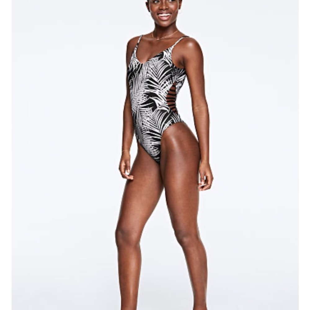Victoria's Secret PINK Black and White Palm Print One-piece Body Suit Swimsuit